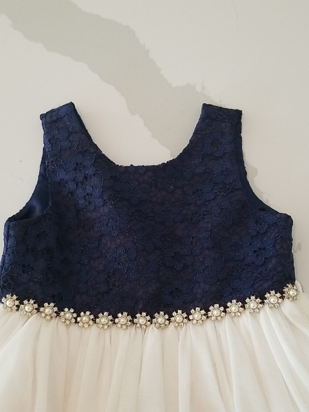 American Princess Navy and White Lace Pearl Trim Dress - Picture 2 of 8
